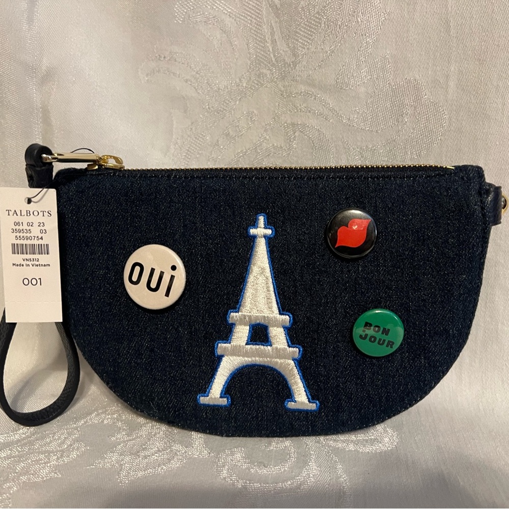 Talbots dark denim wristlet with white embroidered Eiffel Tower